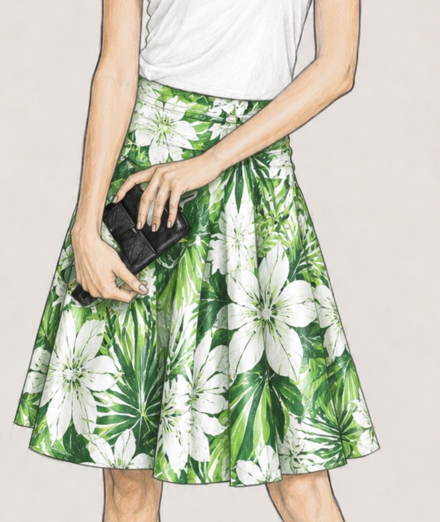 Met een lage balans draag je zo een rok met dessin